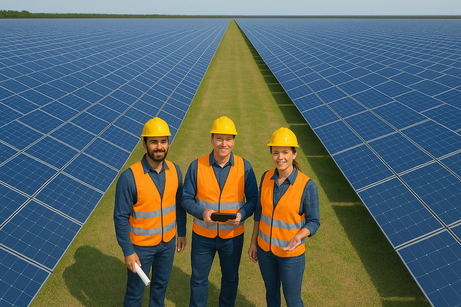 Solar park with happy engineer